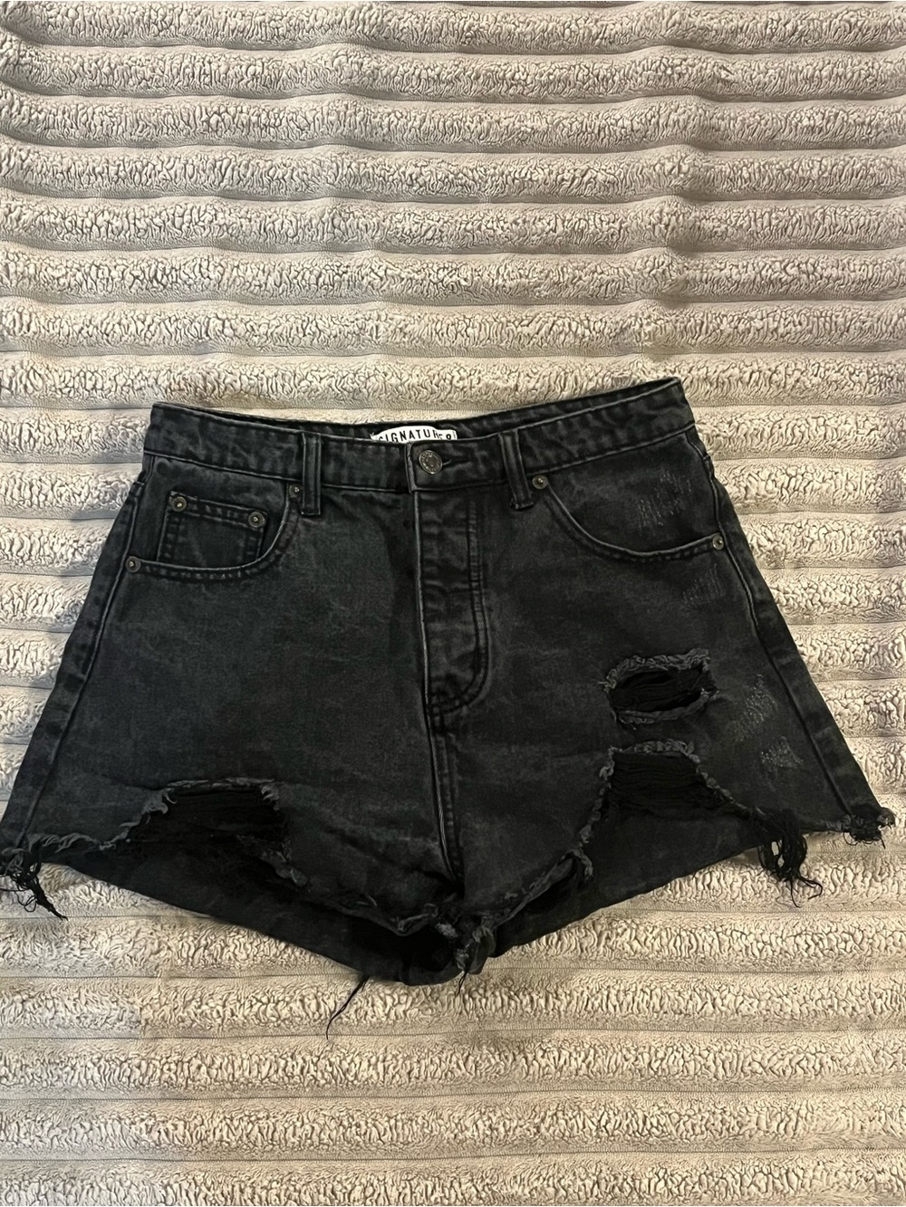 High-Rise Distressed Black Denim Shorts